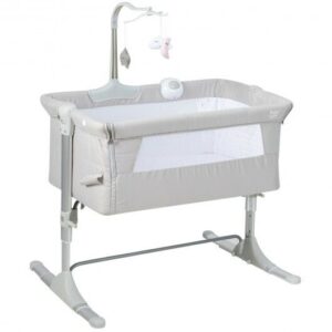Height Adjustable Baby Side Crib w/Music Box & Toys - Color: Light Gray | Things & Essentials