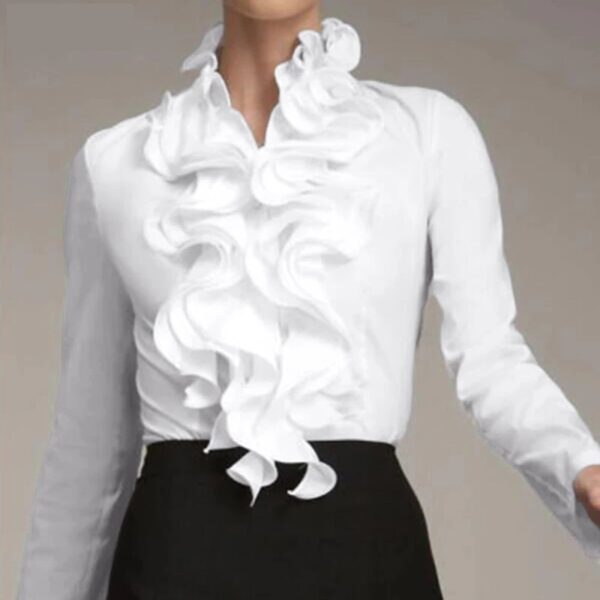 Essentials Fashionable Long Sleeve Ruffled Blouse White - Model