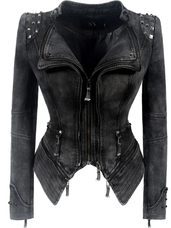 Essentials SX Women's Rivet Punk Style Jacket - Black Denim
