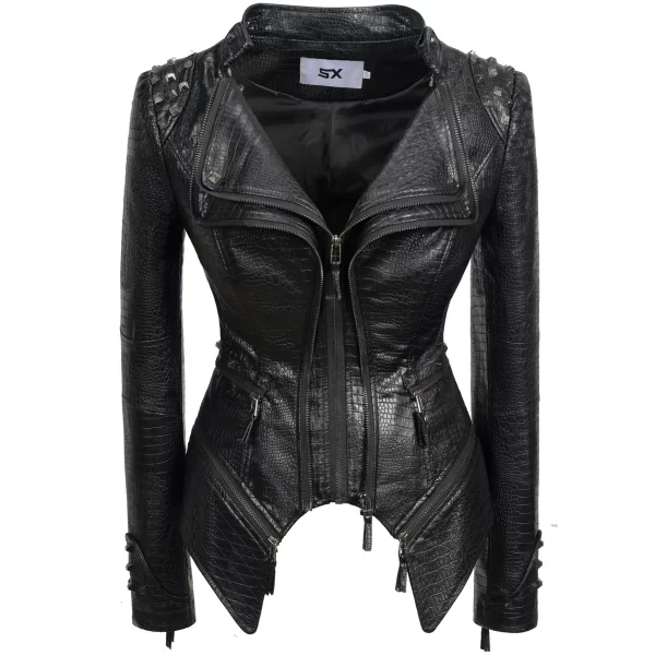 Essentials SX Women's Rivet Punk Style Jacket - Black Textured Leather