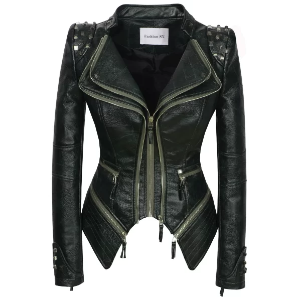 Essentials SX Women's Rivet Punk Style Jacket - Black with Green Leather