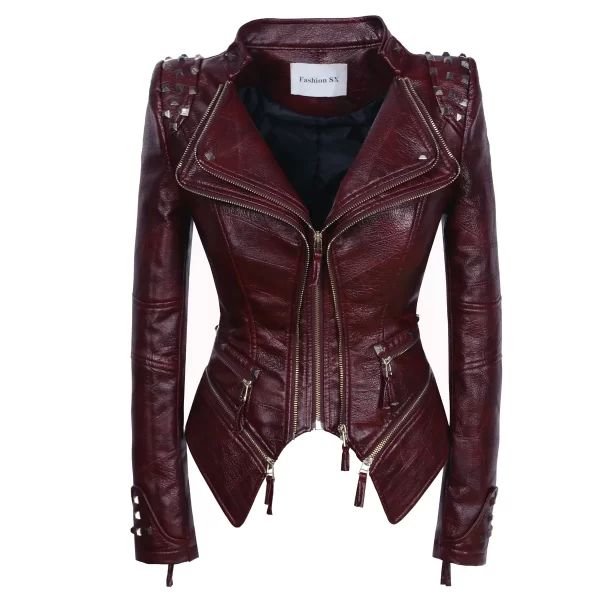 Essentials SX Women's Rivet Punk Style Jacket - Burgundy Leather