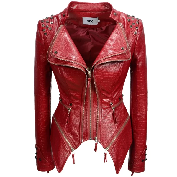 Essentials SX Women's Rivet Punk Style Jacket - Dark Red Leather