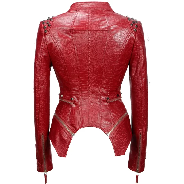 Essentials SX Women's Rivet Punk Style Jacket - Dark Red Leather Back View