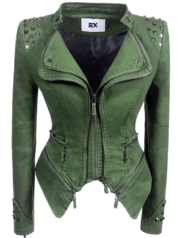 Essentials SX Women's Rivet Punk Style Jacket - Green Denim