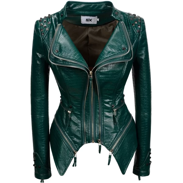 Essentials SX Women's Rivet Punk Style Jacket - Hunter Green Leather