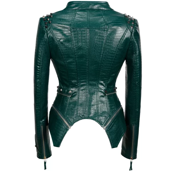 Essentials SX Women's Rivet Punk Style Jacket - Hunter Green Leather Back View