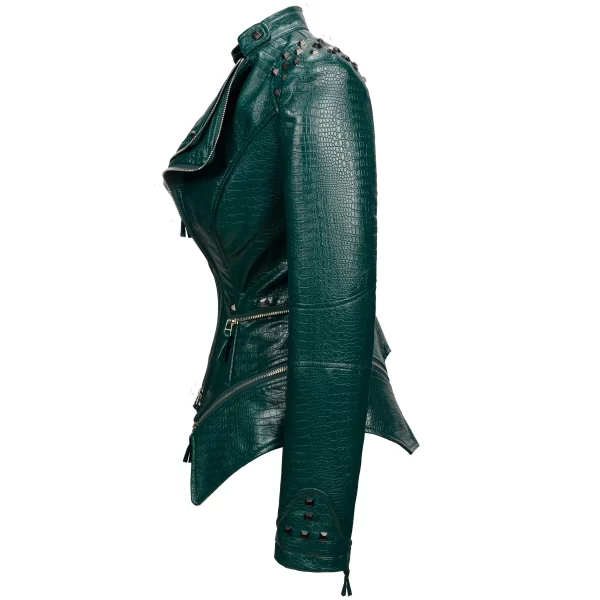Essentials SX Women's Rivet Punk Style Jacket - Hunter Green Leather Side View