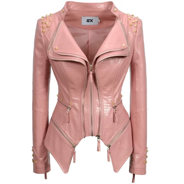 Essentials SX Women's Rivet Punk Style Jacket - Pink Leather