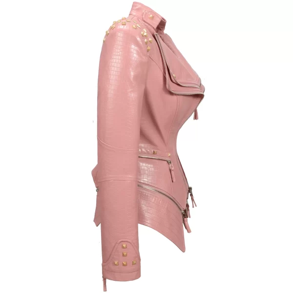 Essentials SX Women's Rivet Punk Style Jacket - Pink Leather Side View