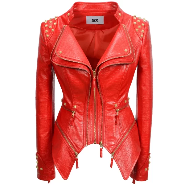 Essentials SX Women's Rivet Punk Style Jacket - Red Leather
