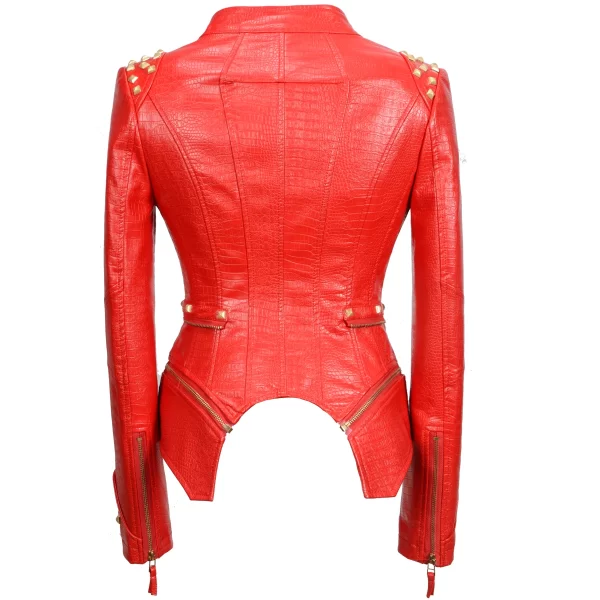 Essentials SX Women's Rivet Punk Style Jacket - Red Leather Back View