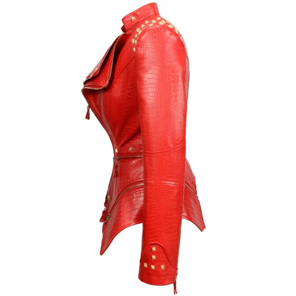 Essentials SX Women's Rivet Punk Style Jacket - Red Leather Side View