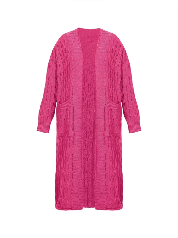Essentials Stylish Long-Sleeve Full-Length Cardigan Sweater - Fuchsia - Front View