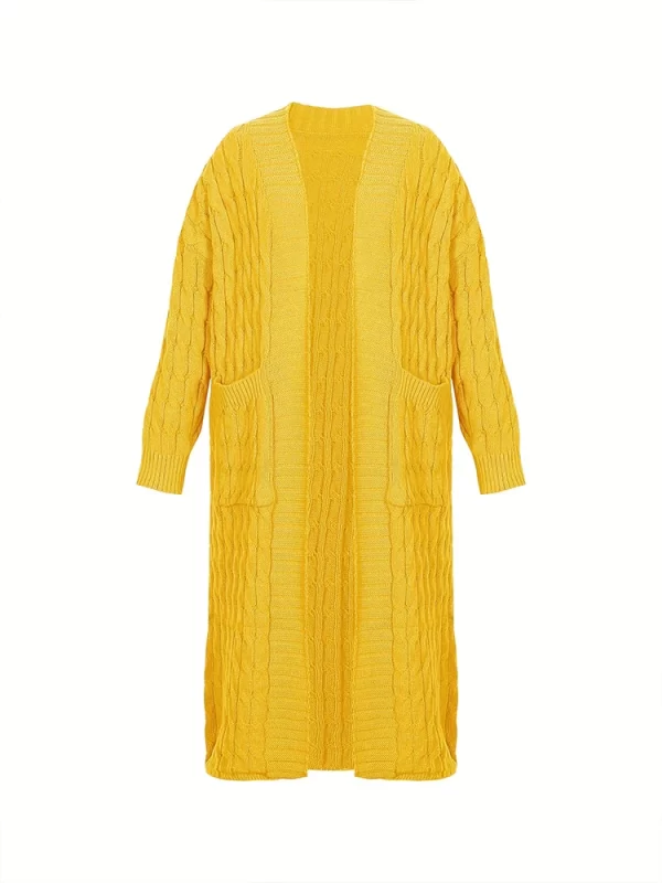Essentials Stylish Long-Sleeve Full-Length Cardigan Sweater - Mustard Yellow - Front View