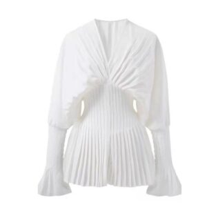 Essentials Women's Fashionable Pleated V-neck Blouse Front View