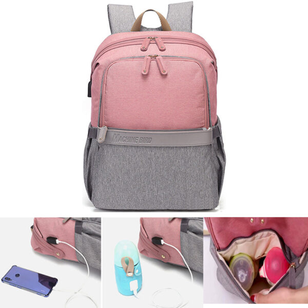 Essentials Waterproof Diaper Backpack w/USB Charging Port & Bottle Warmer | Things & Essentials - Pink & Gray Multiple Function View