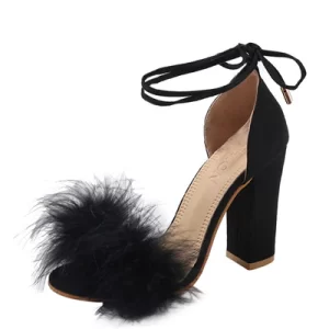 Essentials Fashionable Lace-Up High Heel Sandals with Feathers - Black