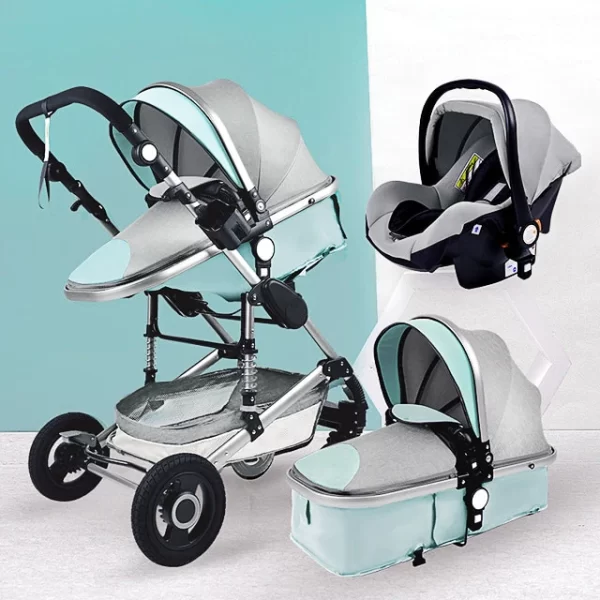 Luxury Style 3-In-1 Portable Baby Stroller | Things & Essentials | Bassinet | Car Seat - Turquoise & Gray