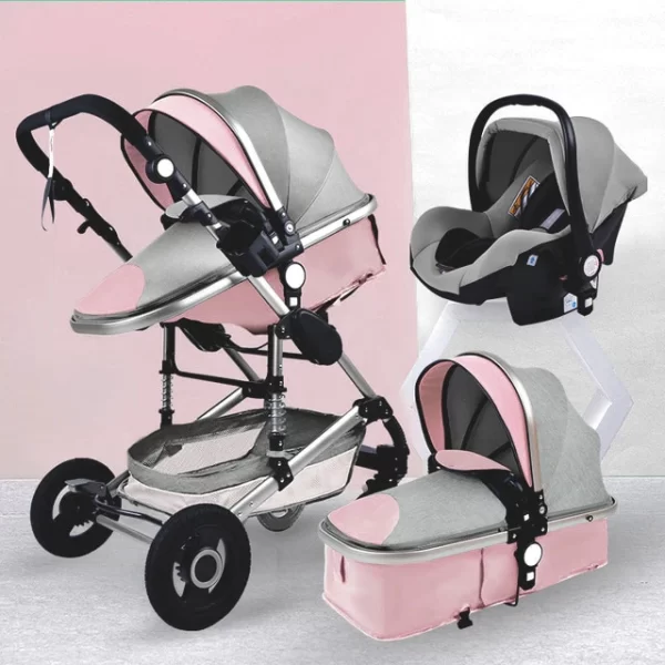 Luxury Style 3-In-1 Portable Baby Stroller | Things & Essentials | Bassinet | Car Seat - Pink & Gray