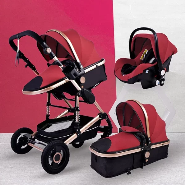 Luxury Style 3-In-1 Portable Baby Stroller | Things & Essentials | Bassinet | Car Seat - Red & Black