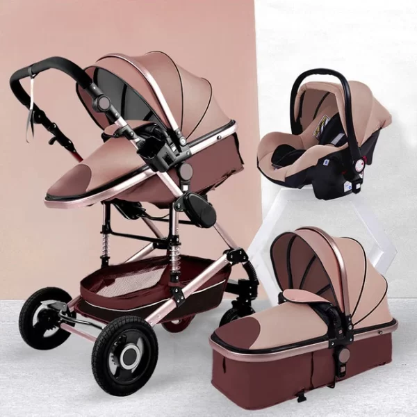 Luxury Style 3-In-1 Portable Baby Stroller | Things & Essentials | Bassinet | Car Seat - Rose Gold