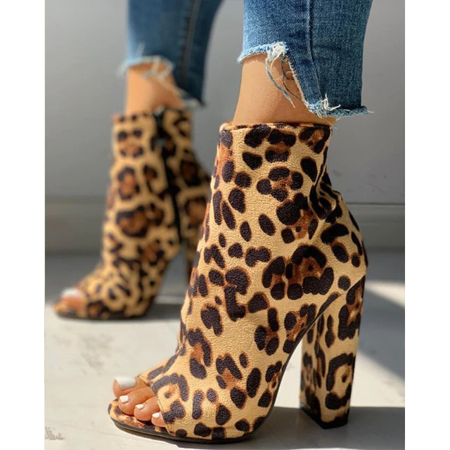 Essentials Open-Toe Ankle Boot Style High Heels - Leopard Print