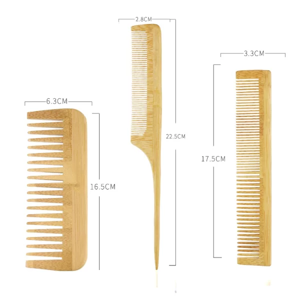 6 PC Bamboo Hairbrush Comb Set - Measurements - Combs